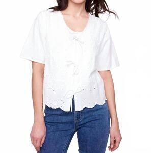 NEW CHARLIE B elbow sleeve v-neck embroidered blouse in white